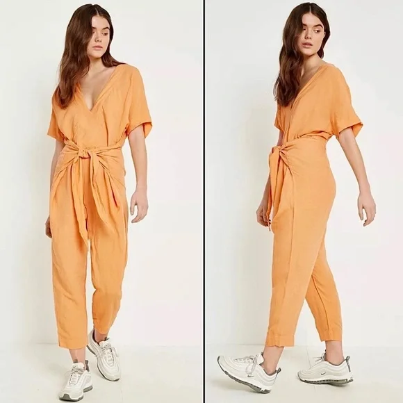 Free People Shining Sun Wrap Linen Jumpsuit Romper Playsuit Orange Cutout Sz L - Picture 1 of 12